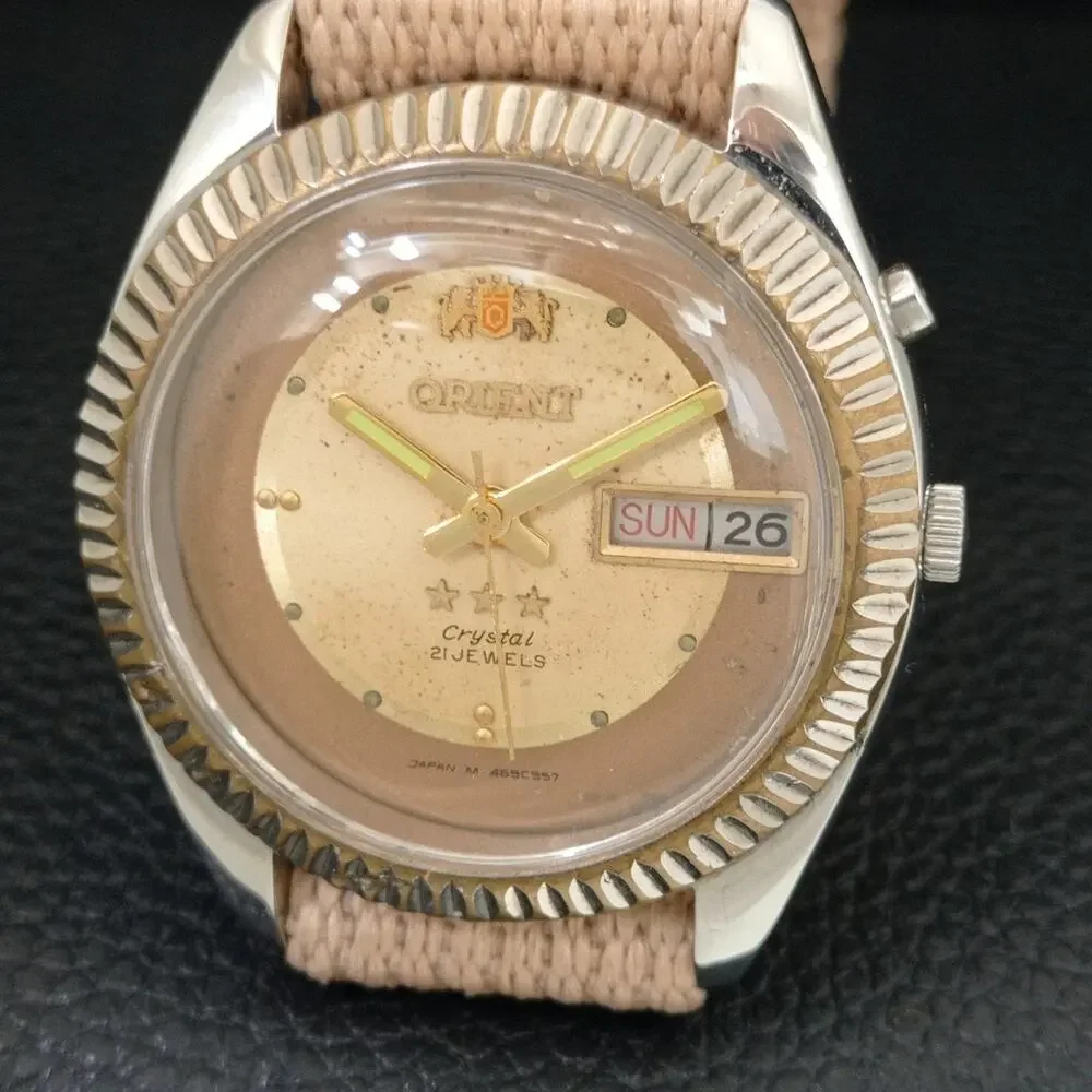 Vintage 1975 Orient Automatic Mens Silver Watch W/daydate & Gold accents